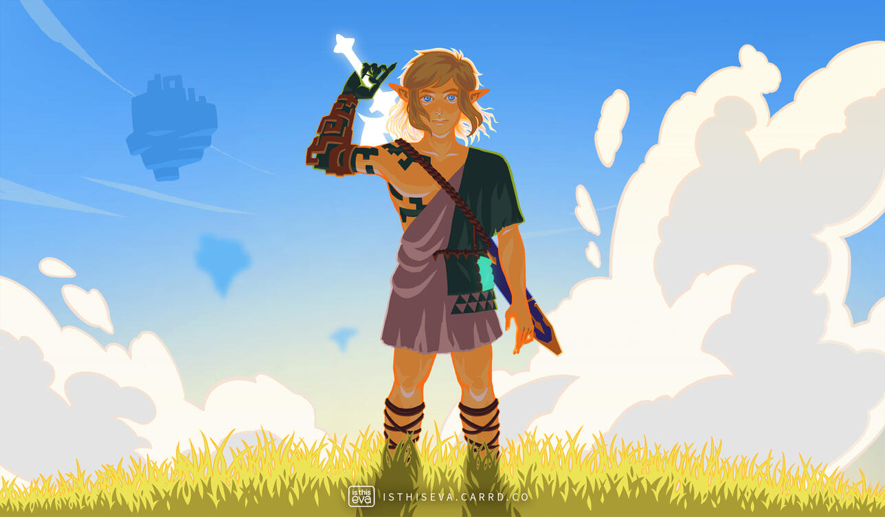 Drawing of Link as depicted in Tears of the Kingdom. He's standing on a sky island with clouds parting on either side of him and the sun rising at his back, haloing him in light. He is in the middle of unsheathing the master sword.