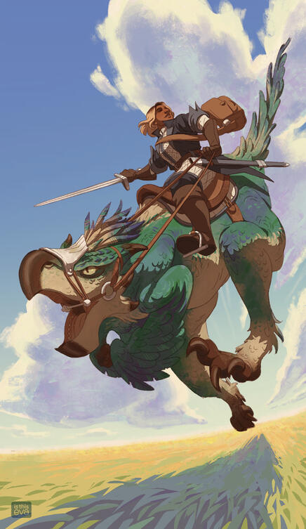 A dramatic drawing of my OC Mel riding her seikret (a bird-like mount from Monster Hunter Wilds) through a grassy plain. She's looking up at the sky with her sword out. The colours are bright and vivid, suggesting a hot and sunny day.