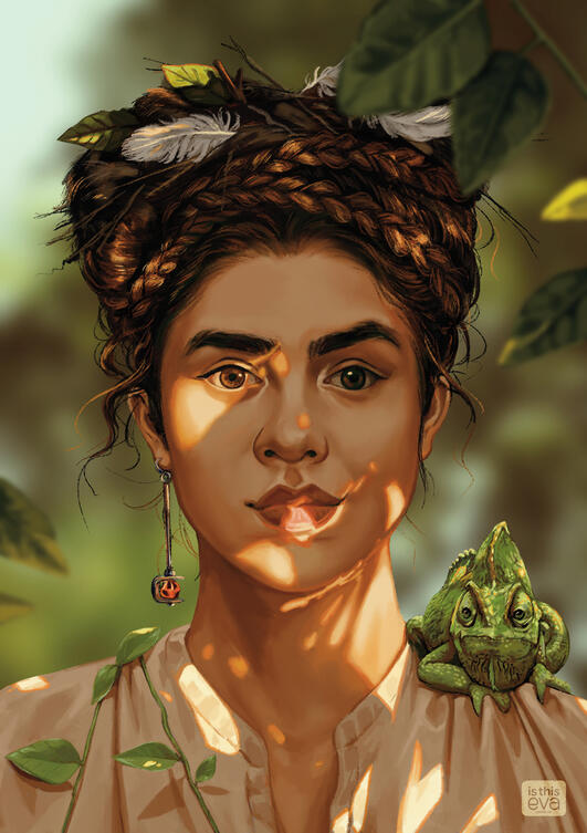 Petra Porrtait of a young Mexican girl with a birds' nest in her long, braided brown hair and a chameleon sitting on one shoulder.