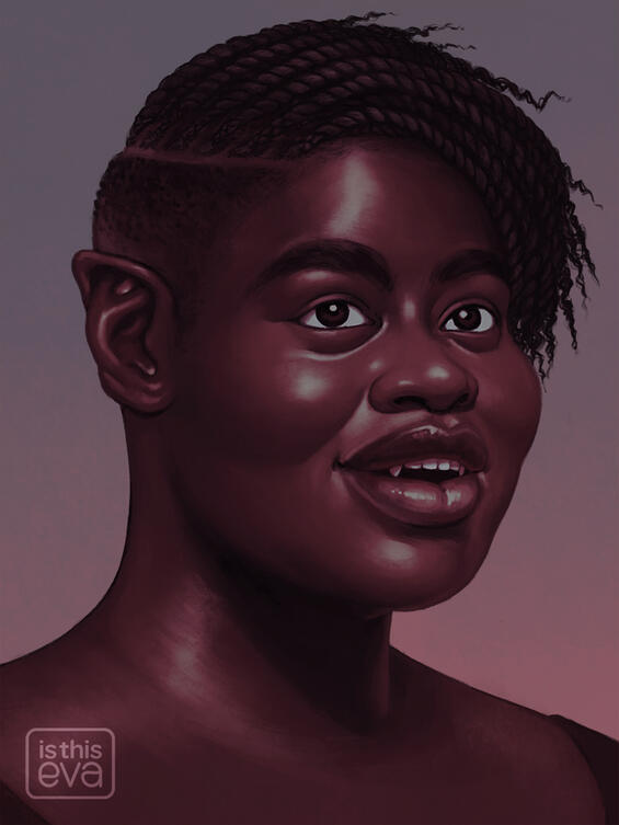 Andy Portrait of a Black woman smiling as she gazes into the distance, her lips slightly parted to reveal two sharp fangs. She has dark skin, dark hair styled in an undercut and twists, and pointed, elfin ears.
