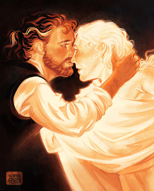A portrait of Fitz and Beloved gazing into each other's eyes while touching tenderly. They are both painted in an ethereal way, bright and glowing and golden; the outlines of Fitz's form fade indistinctly into the dark background.