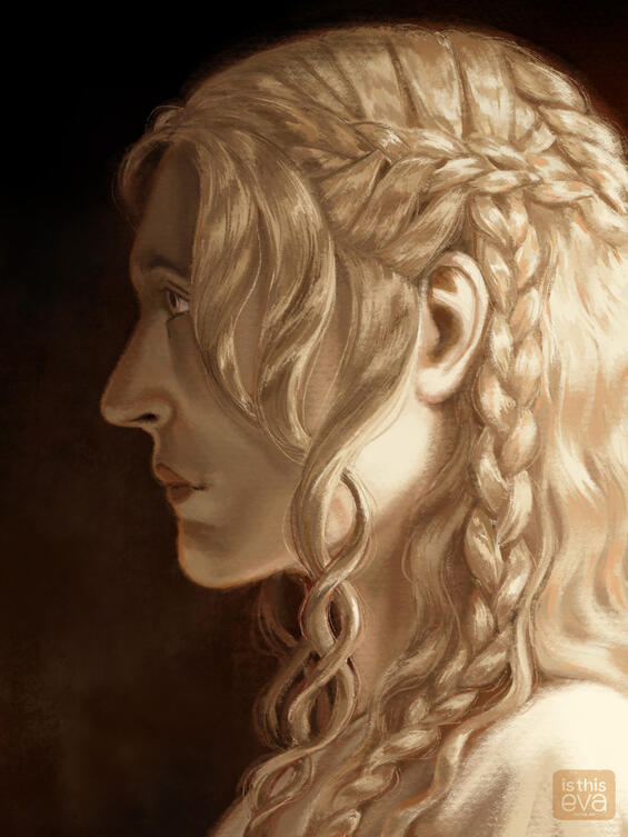 A side profile portrait of Miquella from Elden Ring, a person with the appearance of a young boy with his long golden hair styled in loose braids. The background is dark and his face is mostly in shadow, while his hair is brilliantly lit.