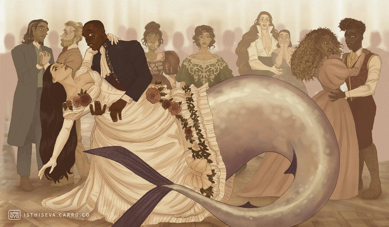 A drawing of a ballroom erupting into chaos as one of the dancers turn into a mermaid mid-dance. The mermaid has light skin and dark hair and is wearing a poofy white dress with ruffles and flowers. Her dance partner is a Black guy wearing a navy embroider
