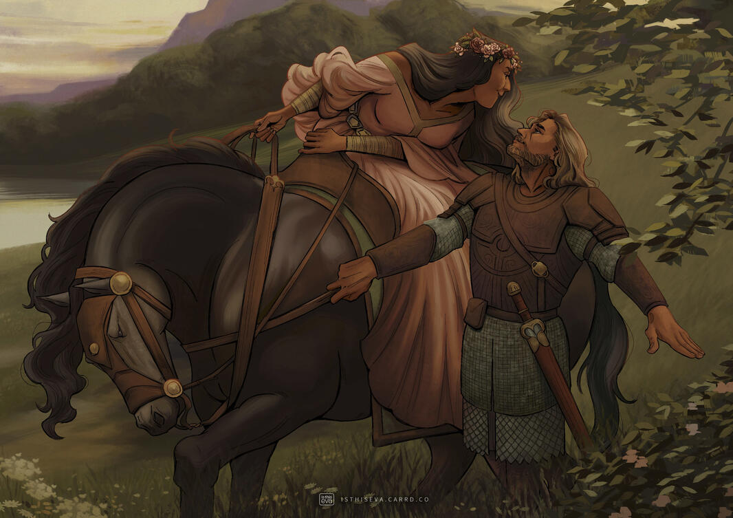 A study of the painting La Belle Dame Sans Merci, with original character designs.