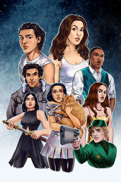 The End of Us Poster for Sandra Proudman A poster of 8 characters dressed in sparkly sci-fi clothes, arrayed against a blue textured background.