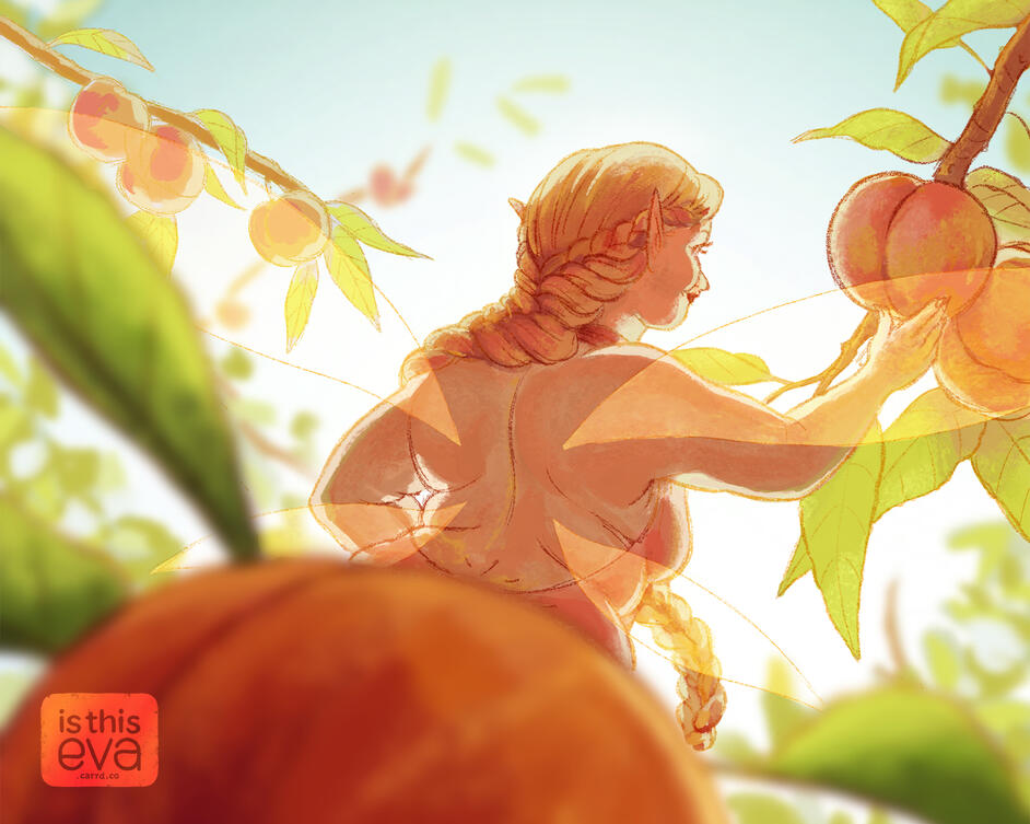 Drawing of a fairy amidst the branches of a peach tree, cradling a peach as she glances coyly over one shoulder at the viewer. A blurred out peach is in the foreground, obscuring most of her lower body.
