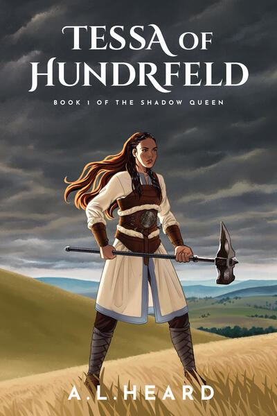 Tessa of Hundrfeld Book cover for Tessa of Hundrfeld by A.L. Heard. The illustration shows a white woman in leather armour standing in a grassy field, holding a hammer with both hands. The sky behind her is heavy with storm clouds, but there's sunlight peeking through in the