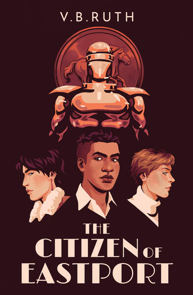 Retro-style cover in orange and brown hues, featuring three main characters and an ominous metal figure looming over them. There's a horse token in the background.