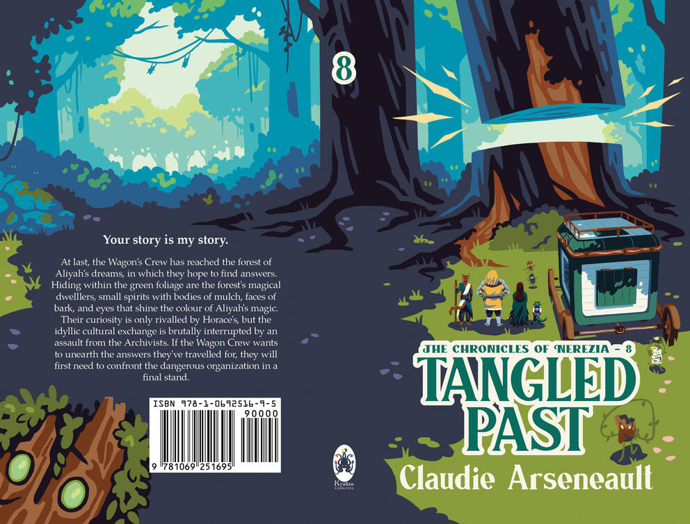 Tangled Past, Book 8 Cover for Tangled Past, The Chronicles of Nerezia #8. It depicts a lush forest with a massive tree sliced horizontally cleanly in two. A Wagon and several characters stand in front of it, watching small creatures being playful.