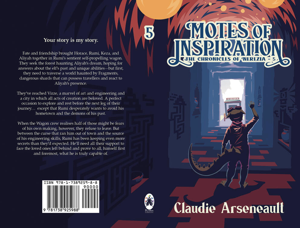 Book cover for Motes of Inspiration by Claudie Arseneault, book 5 of The Chronicles of Nerezia. The illustration shows a lizard person in a brightly-lit and decorated tunnel, waving at a wagon just outside the mouth of the tunnel.