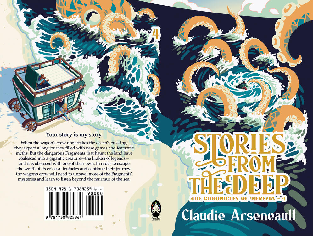 Book cover for Stories From the Deep, the fourth book of The Chronicles of Nerezia by Claudie Arseneault. The illustration depicts several characters facing off a giant kraken on the shore of a beach.