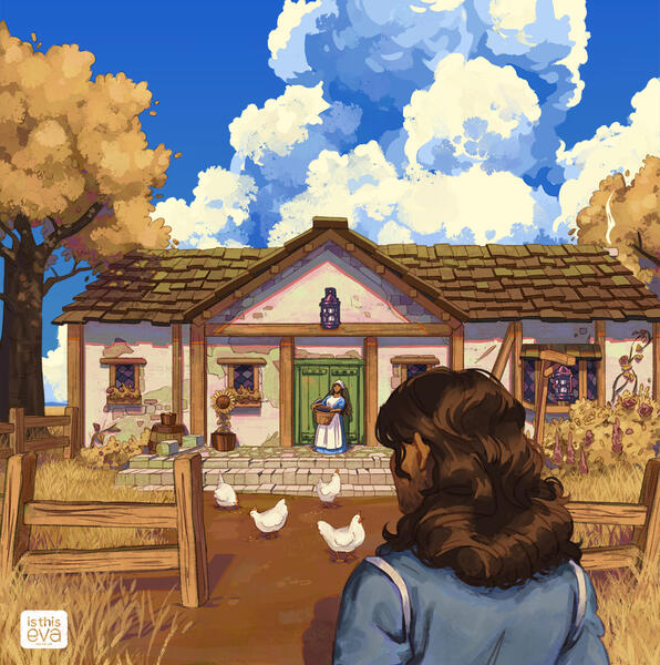 Home Repairs for a Horse Painting of a person approaching a cottage on a bright sunny day. He has his back to the viewer and is wearing a blue coat. The cottage he's approaching is somewhat run-down; there are chickens pecking in the yard, and a woman stands at the front door.