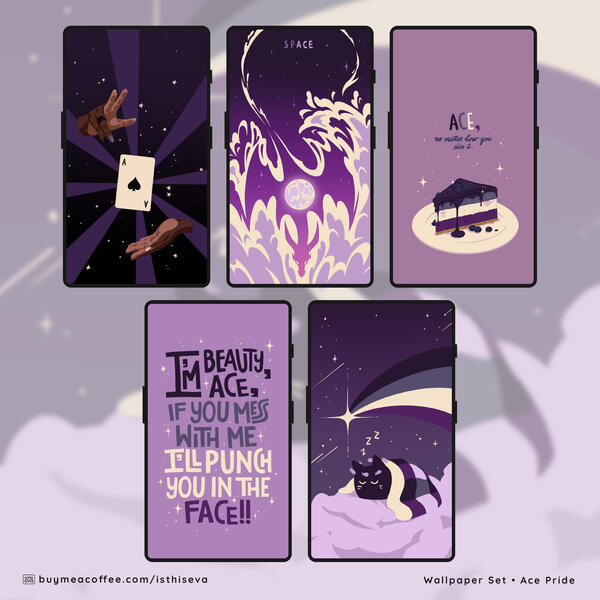 Ace Wallpaper Pack Promotional graphic for a set of 5 asexuality themed wallpapers, shown on 5 phone screens.