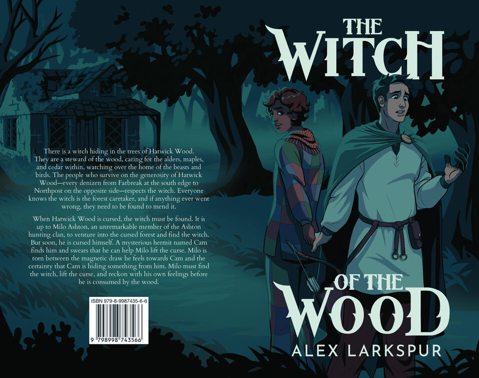 Two characters stand in a dark and gloomy forest, holding hands. The first is a hunter, staring at his cursed fingertips. The other looks at him worriedly. In the distance is a run-down cottage.