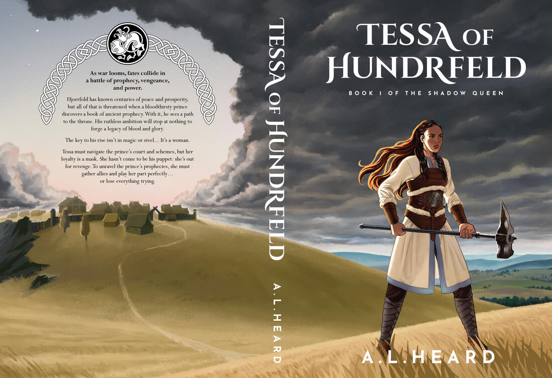 Tessa of Hundrfeld Book cover for Tessa of Hundrfeld by A.L. Heard. The illustration shows a white woman in leather armour standing in a grassy field, holding a hammer with both hands. The sky behind her is heavy with storm clouds, but there's sunlight peeking through in the
