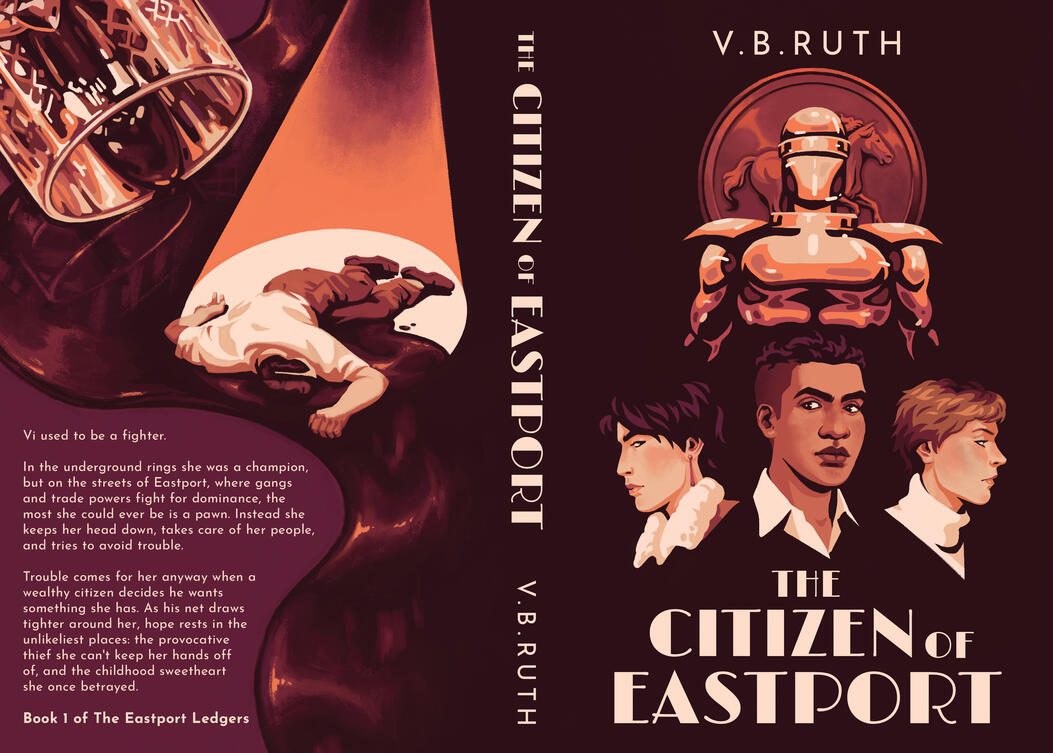 The Citizen of Eastport Full cover spread. Retro-style cover in orange and brown hues, featuring three main characters and an ominous metal figure looming over them. There's a horse token in the background, and a dead body in a pool of blood pouring from a spilled glass.