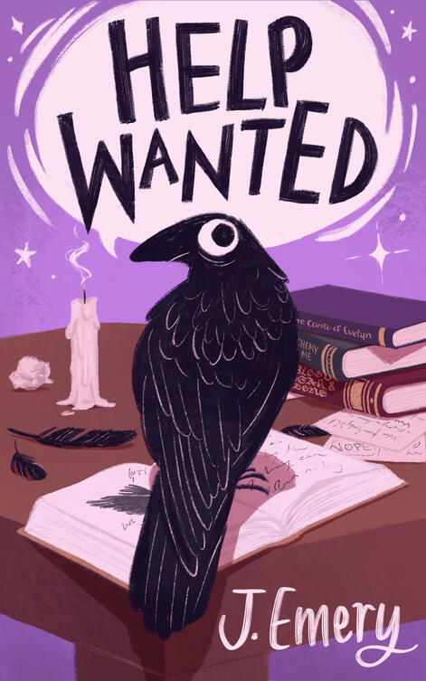 An illustrated book cover for Help Wanted by J. Emery, featuring a crow sitting on top of an open book.