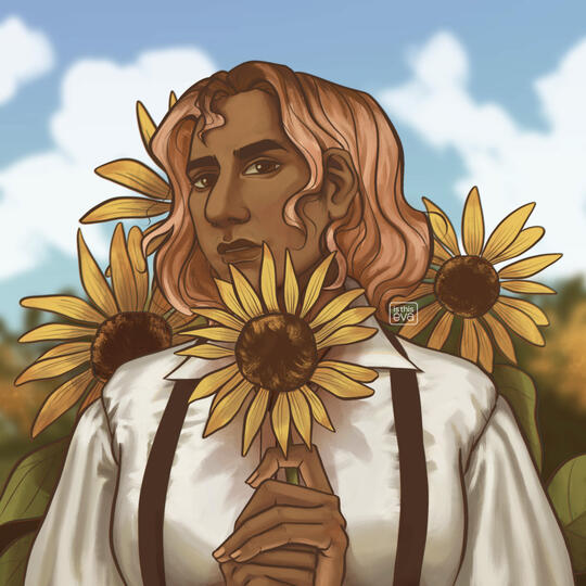 Drawing of a person with brown skin and pink hair holding a sunflower in a sunflower field.