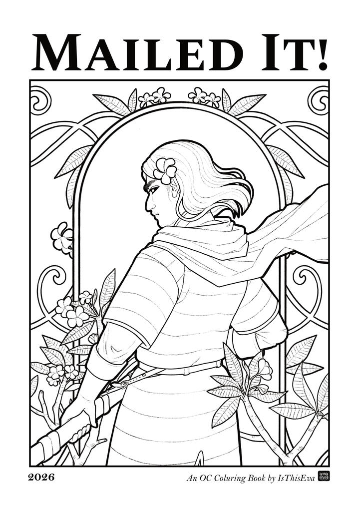 Mailed It: An OC Colouring Book Colouring book cover featuring a black and white line drawing of my knight OC, Mel, surrounded by flowers.
